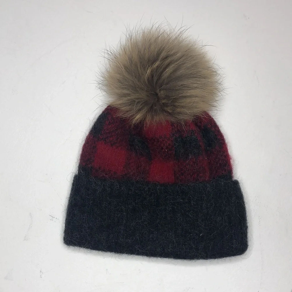 Freyja Wool Plaid Pom Pom Hat Red Grey
